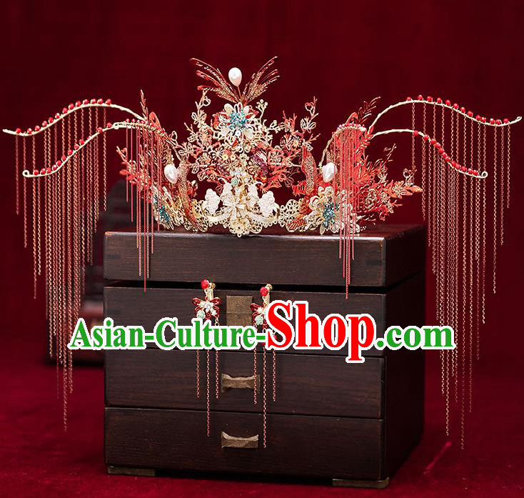 Chinese Handmade Red Tassel Phoenix Coronet Classical Wedding Hair Accessories Ancient Bride Hairpins Headwear Complete Set