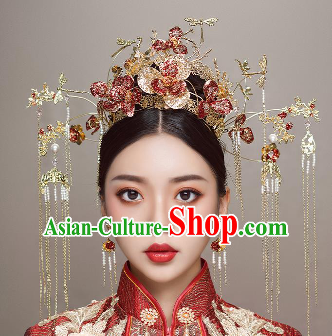 Chinese Handmade Red Flowers Hair Crown Classical Wedding Hair Accessories Ancient Bride Hairpins Golden Tassel Phoenix Coronet Complete Set