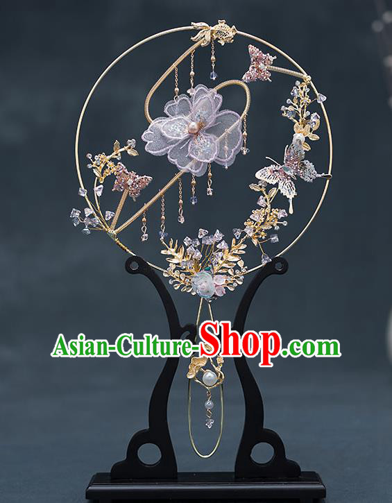 Chinese Handmade Lilac Silk Flowers Palace Fans Classical Fans Ancient Bride Props Round Fans