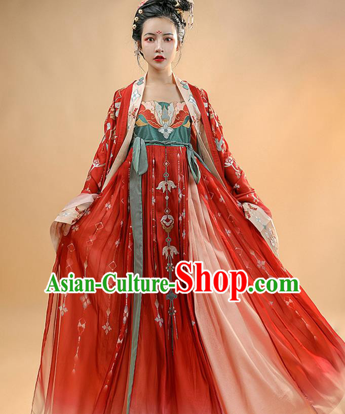 Chinese Ancient Tang Dynasty Imperial Concubine Historical Costumes Traditional Hanfu Apparels Embroidered Red Cape and Dress