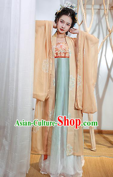 Chinese Tang Dynasty Princess Historical Costumes Traditional Ancient Hanfu Apparels Embroidered Cape and Dress Full Set