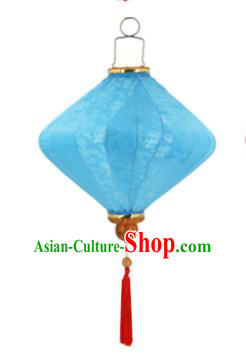 Chinese Traditional Blue Silk Palace Lanterns Handmade Hanging Lantern New Year Classical Diamond Lamp
