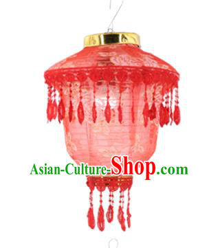 Chinese Traditional Printing Rose Red Cloth Palace Lanterns Handmade Hanging Lantern Classical Festive New Year Lace Lamp