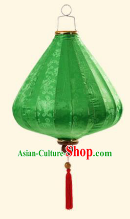 Chinese Traditional Jacquard Pattern Green Silk Palace Lanterns Handmade Hanging Lantern Classical Festive New Year Tulip Lamp