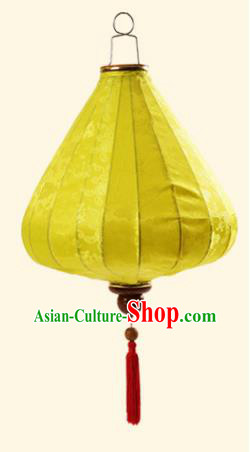 Chinese Traditional Jacquard Pattern Yellow Silk Palace Lanterns Handmade Hanging Lantern Classical Festive New Year Tulip Lamp