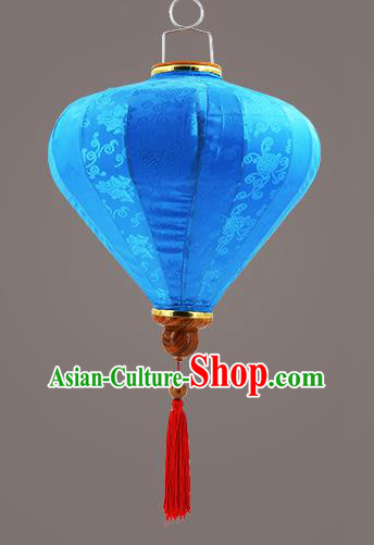 Chinese Traditional Blue Silk Palace Lanterns Handmade Hanging Lantern Classical Festive New Year Diamond Lamp