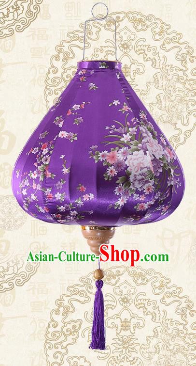Chinese Traditional Printing Daffodil Purple Palace Lanterns Handmade Hanging Lantern Classical Festive New Year Satin Lamp
