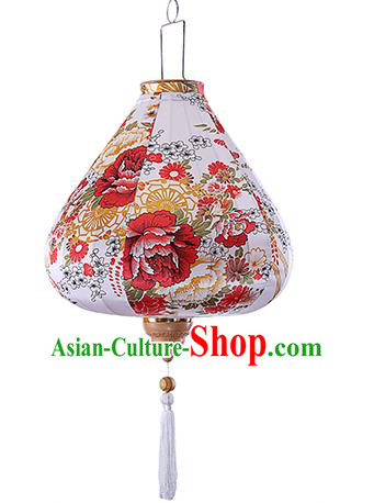 Chinese Traditional Printing Flowers White Palace Lanterns Handmade Hanging Lantern Classical Festive New Year Satin Lamp