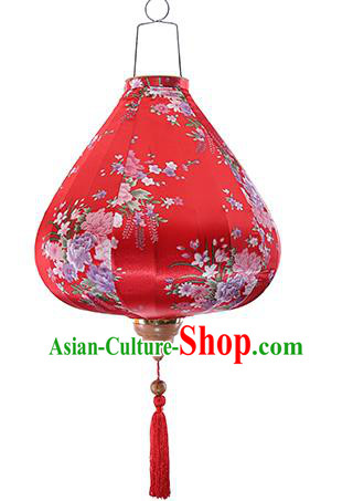 Chinese Traditional Printing Daffodil Red Palace Lanterns Handmade Hanging Lantern Classical Festive New Year Satin Lamp
