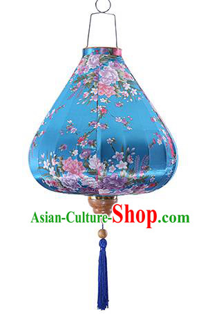 Chinese Traditional Printing Daffodil Blue Palace Lanterns Handmade Hanging Lantern Classical Festive New Year Satin Lamp