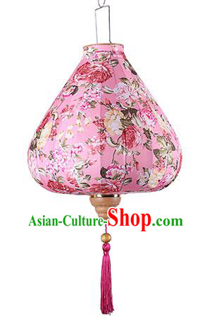 Chinese Traditional Printing Roses Light Pink Palace Lanterns Handmade Hanging Lantern Classical Festive New Year Satin Lamp