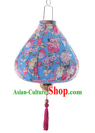 Chinese Traditional Printing Roses Blue Palace Lanterns Handmade Hanging Lantern Classical Festive New Year Satin Lamp