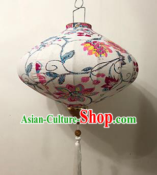 Chinese Traditional Ink Painting Round Palace Lanterns Handmade Hanging Lantern Festive New Year Classical Pink Flowers Lamp