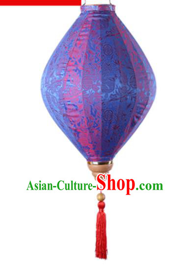 Chinese Handmade Blue Satin Palace Lanterns Traditional Festive Hanging Lantern New Year Classical Jacquard Cloth Lamp