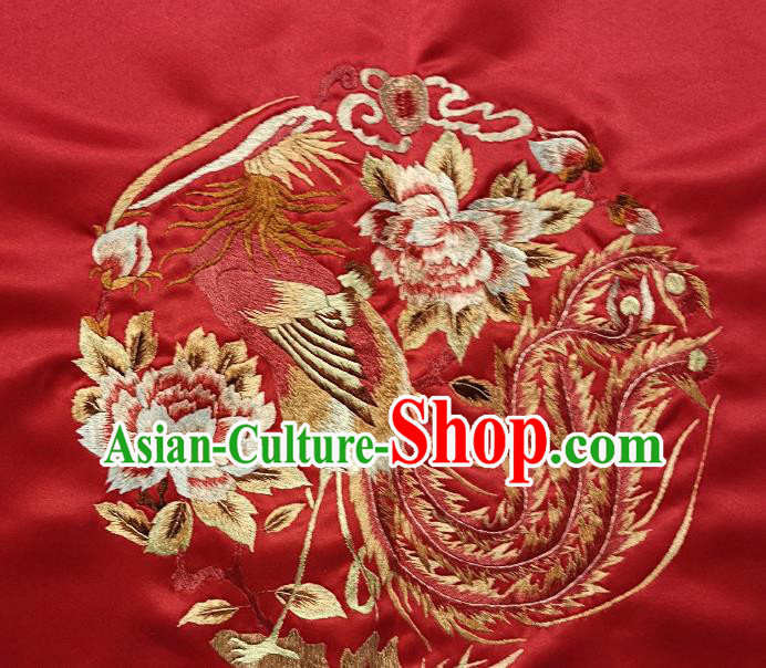 Traditional Chinese Embroidered Peony Phoenix Fabric Hand Embroidering Dress Round Applique Embroidery Red Silk Patches Accessories
