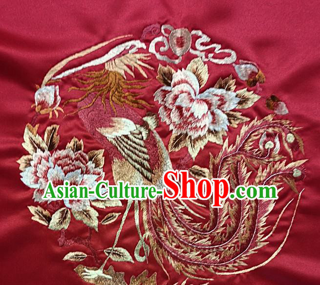 Traditional Chinese Embroidered Peony Phoenix Fabric Hand Embroidering Dress Round Applique Embroidery Wine Red Silk Patches Accessories