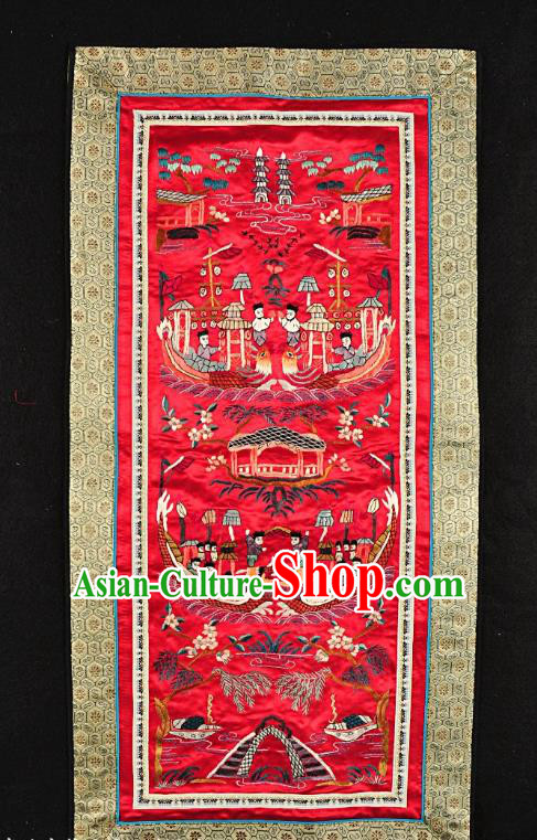Traditional Chinese Embroidered Dragon Boat Race Decorative Painting Hand Embroidery Red Silk Picture Craft