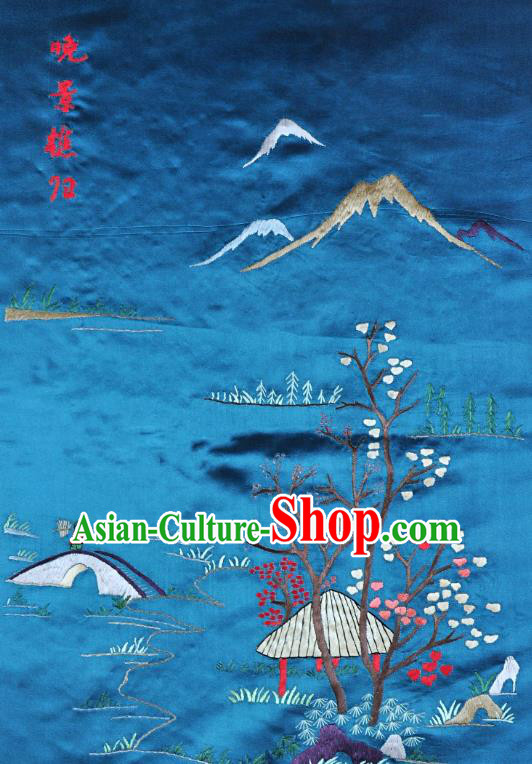 Traditional Chinese Embroidered Landscape Decorative Painting Hand Embroidery Blue Silk Picture Craft