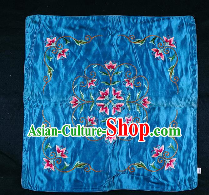 Traditional Chinese Embroidered Flowers Cushion Fabric Patches Hand Embroidering Applique Embroidery Blue Silk Accessories