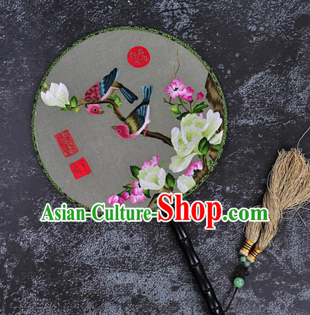 Chinese Traditional Embroidered Magnolia Birds Silk Fans Craft Handmade Embroidery Palace Fan Round Fan