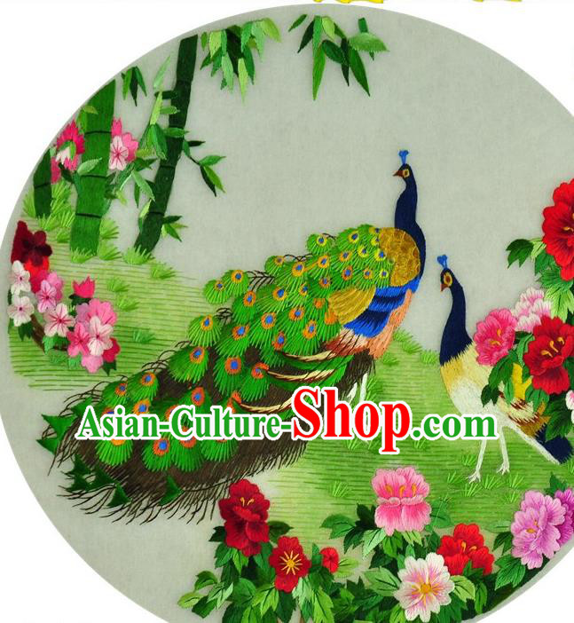 Traditional Chinese Embroidered Peacock Peony Decorative Painting Hand Embroidery Silk Round Wall Picture Craft