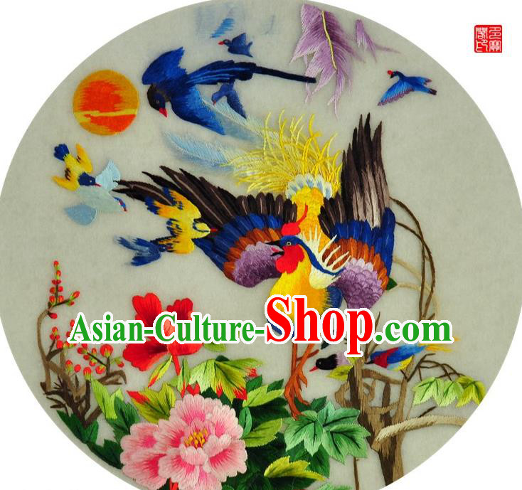 Traditional Chinese Embroidered Phoenix Peony Decorative Painting Hand Embroidery Silk Round Wall Picture Craft