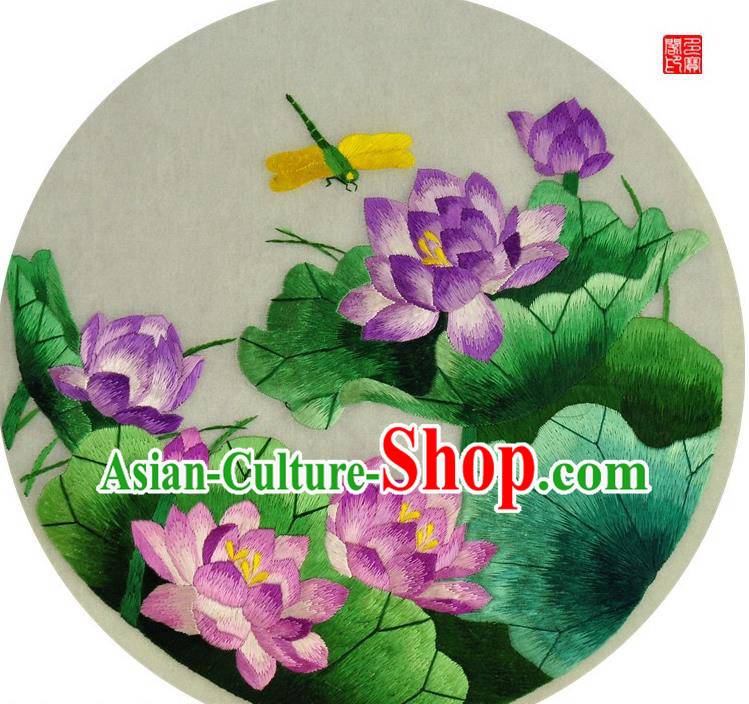 Traditional Chinese Embroidered Purple Lotus Decorative Painting Hand Embroidery Silk Round Wall Picture Craft