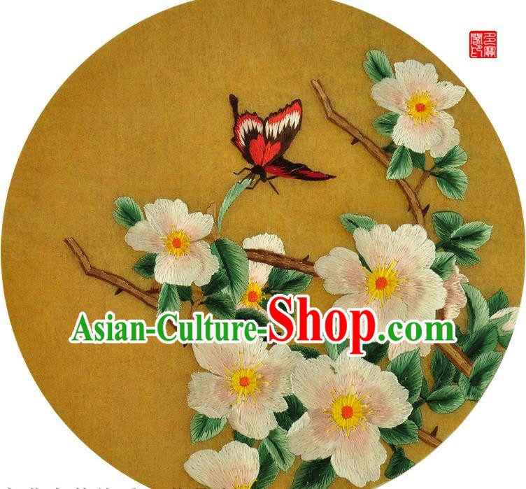 Traditional Chinese Embroidered Peach Blossom Decorative Painting Hand Embroidery Butterfly Silk Round Wall Picture Craft