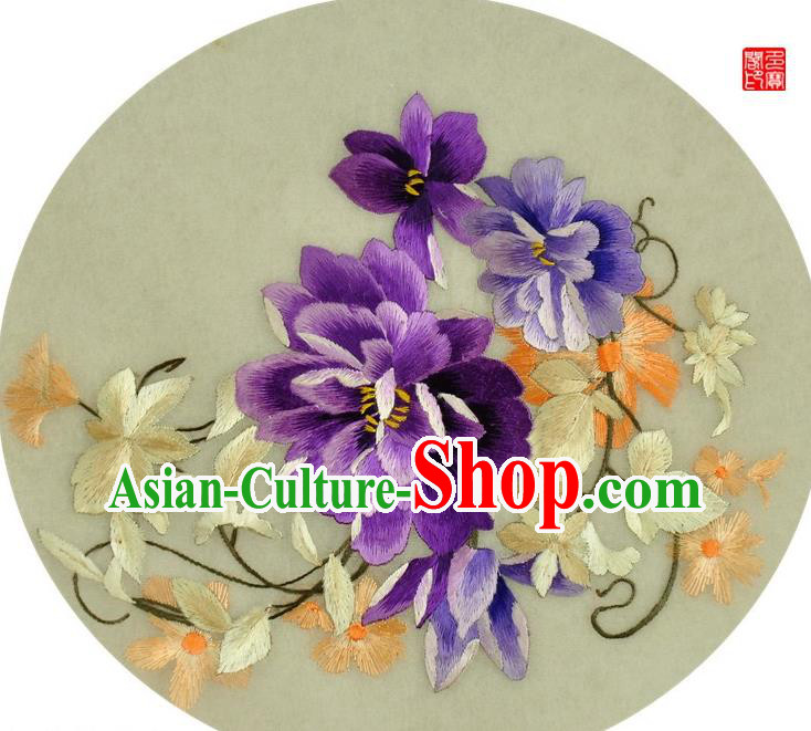 Traditional Chinese Embroidered Purple Peony Decorative Painting Hand Embroidery Silk Round Wall Picture Craft