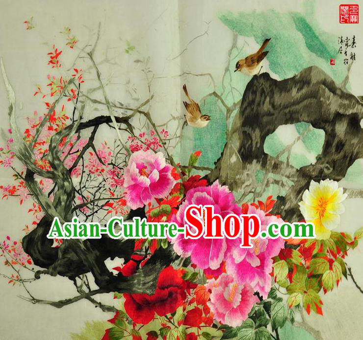Traditional Chinese Embroidered Flowers Bird Decorative Painting Hand Embroidery Peony Silk Wall Picture Craft