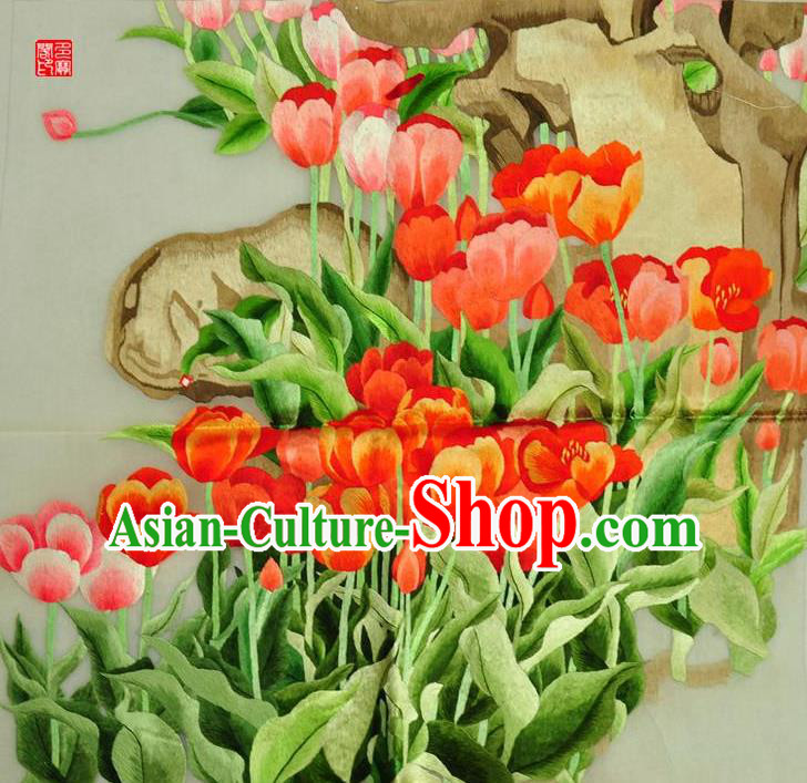 Traditional Chinese Embroidered Flowers Decorative Painting Hand Embroidery Tulip Silk Wall Picture Craft