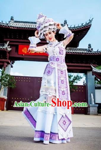 China Yunnan Ethnic Women Apparels Miao Nationality Minority Folk Dance Clothing White Long Dress and Hat