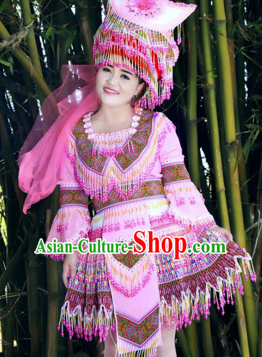 Hunan Xiangxi Yao Ethnic Dance Apparels China Nationality Wedding Clothing Minority Bride Pink Blouse and Short Skirt with Headdress