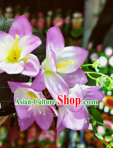 Chinese Miao Minority Bride Hair Accessories Handmade Ethnic Wedding Purple Lily Flowers Hair Stick
