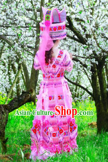 China Ethnic Bride Apparels Tujia Minority Women Pink Costume Top Grade Stage Performance Clothing with Headpieces