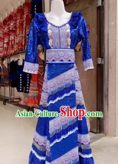 Traditional China Ethnic Women Royalblue Long Dress Hmong Bride Costumes Yunnan Mengzi Miao Minority Clothing