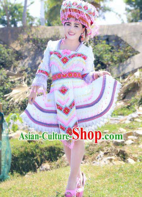 China Miao Ethnic Women Clothing Traditional Festival Folk Dance Costume Minority Female Apparels and Hat