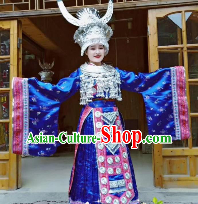 China Miao Ethnic Celebration Apparels Hmong Minority Wedding Embroidered Royalblue Dress Miao Nationality Bride Clothing and Headpieces