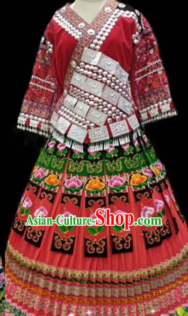 China Miao Ethnic Celebration Clothing Minority Traditional Festival Apparels Hmong Embroidered Red Blouse and Skirt