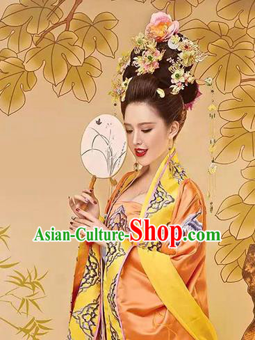 Chinese Tang Dynasty Empress Costumes Ancient Imperial Consort Yellow Hanfu Dress Embroidered Court Clothing and Headpieces