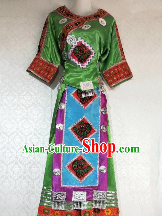 China Ethnic Clothing Traditional Hmong Women Apparels Miao Nationality Minority Folk Dance Costumes Embroidered Green Blouse and Skirt
