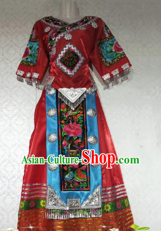 China Folk Dance Red Outfits Traditional Miao Ethnic Nationality Embroidered Costumes