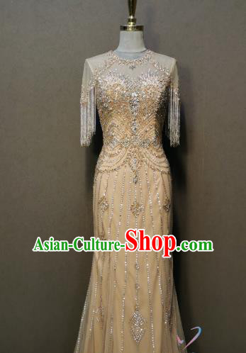 Annual Meeting Costumes Compere Light Golden Full Dress Evening Wear Bride Embroidery Beads Dress