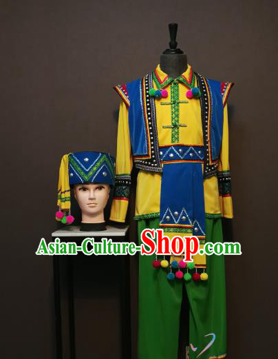 China Traditional Puyi Nationality Costumes Buyei Ethnic Folk Dance Clothing Minority Men Vest Shirt Pants and Hat