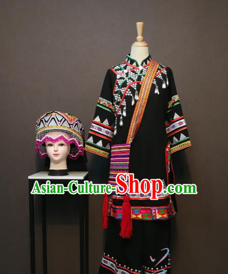 China Traditional Yunnan Nationality Black Blouse and Skirt Outfits Ethnic Folk Dance Clothing Lahu Minority Festival Women Costumes with Headdress