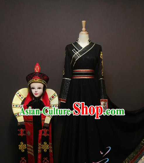 China Traditional Ethnic Saurden Dance Clothing Mongol Nationality Black Dress Mongolian Minority Women Costumes and Hat
