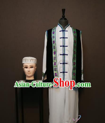 China Traditional Hui Ethnic Dance Clothing Minority Men Costumes Ningxia Nationality Vest Shirt and Pants and Headwear