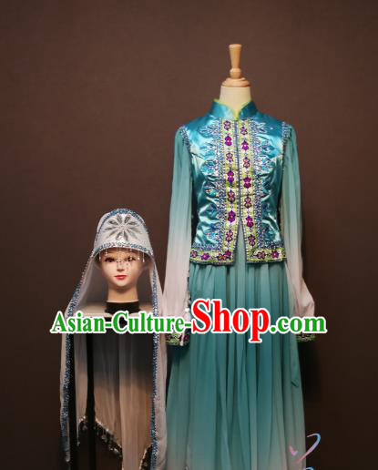 China Traditional Hui Ethnic Folk Dance Clothing Minority Women Costumes Ningxia Nationality Embroidered Blue Jacket with Dress and Headwear
