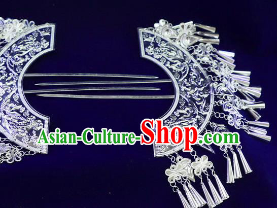 Chinese Carving Hair Stick Miao Ethnic Argent Hair Comb Guizhou Miao Nationality Tassel Hairpins Women Hair Accessories