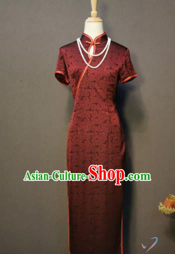 China Rose Pattern Wine Red Silk Qipao Dress Classical Dance Costume Mother Wedding Cheongsam